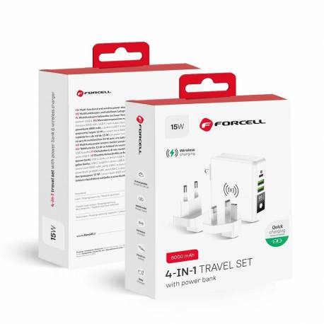 Wielofunkcyjna Ładowarka Forcell 4w1 15W ze złączami USB/USB typ C, power bankiem 8000mAh i ładowaniem bezprzewodowym