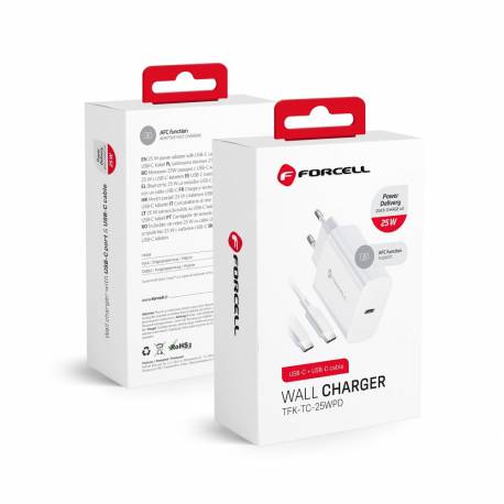 Ładowarka Sieciowa Forcell ze złączem USB typ C i kablem typ C - 3A 25W z funkcją ładowania PD i QC 4.0