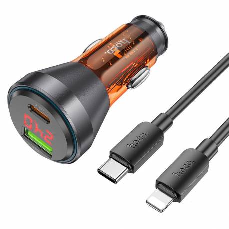 Hoco Ładowarka Samochodowa Usb Qc 18W + Typ C 30W Z Wyświetlaczem + Kabel Typ C Do Lightning Pd48W Nz12B Transparentna Pomarańcz