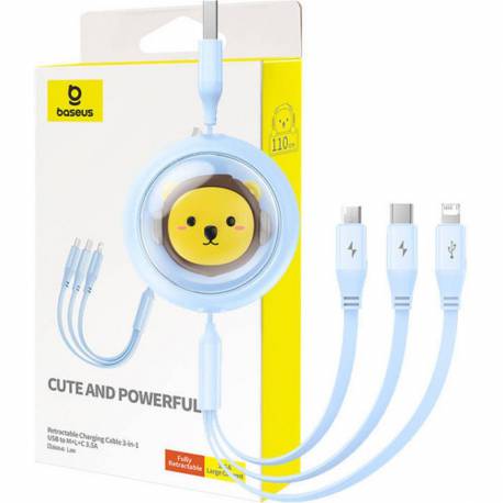 Baseus Zwijany Kabel Usb Do Micro/lightning/typ C 3W1 Leo 3.5A 1.1M Niebieski Cb000063