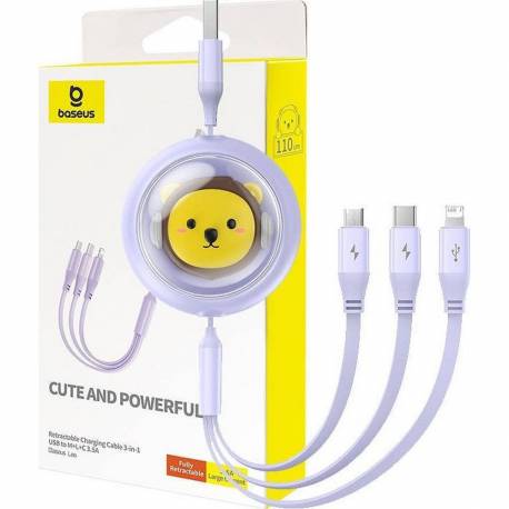 Baseus Zwijany Kabel Usb Do Micro/lightning/typ C 3W1 Leo 3.5A 1.1M Fioletowy Cb000063
