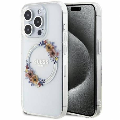 Oryginalne Etui Guess Hardcase Guhmp15Lhfwfct Do Iphone 15 Pro (Kompatybilny Z Magsafe / Flowers Wreath / Transparent)