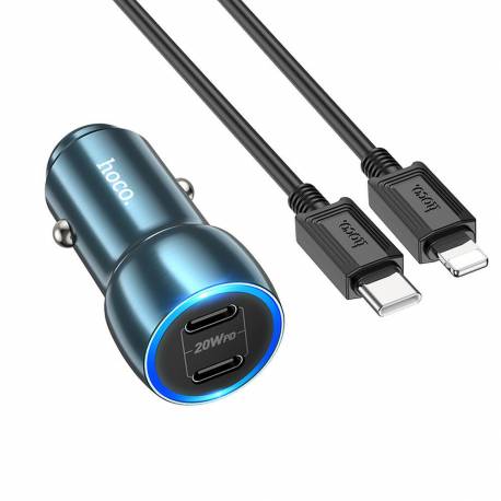 Hoco Ładowarka Samochodowa 2X Typ C + Kabel Typ C Do Iphone Lightning 8-Pin Pd 40W Z48 Niebieski