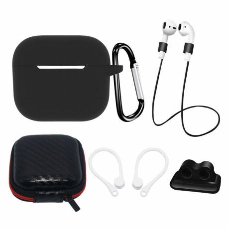 Zestaw Silikonowe Etui Airpods 3 + Futerał / Zaczep Na Ucho / Pasek Na Szyję / Uchwyt Na Pasek Zegarka / Karabińczyk - Czarne