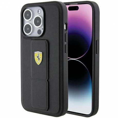 Etui Ferrari Grip Stand Metal Logo Na Iphone 15 Pro - Czarne