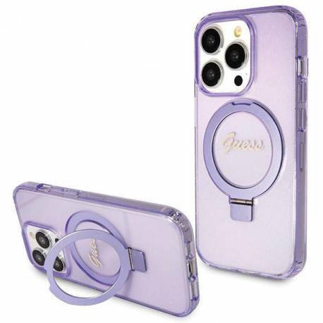 Etui Guess Ring Stand Script Glitter Magsafe Na Iphone 14 Pro - Fioletowe