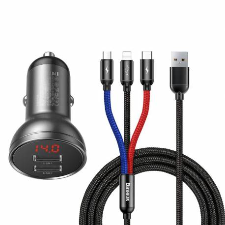 Baseus Ładowarka Samochodowa 2X Usb 4,8A 24W Z Lcd + Kabel 3W1 Usb - Usb Typ C / Micro Usb / Lightning 1,2M Czarny (Tzccbx-0G)