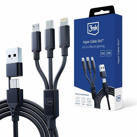 Kabel 3Mk Hyper Cable 3W1 Usb-A - Usb-C / Usb-C - Micro Usb - Lightning 1.5M - Czarny