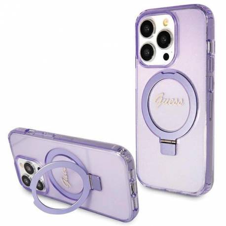 Etui Guess Ring Stand Script Glitter Magsafe Na Iphone 15 Pro - Fioletowe