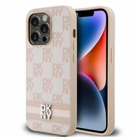 Etui Dkny Leather Checkered Mono Pattern & Printed Stripes Na Iphone 14 Pro - Różowe