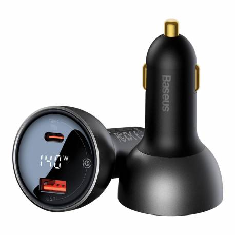 Baseus Digital Display szybka ładowarka samochodowa USB-A / USB-C PD3.1 140W czarny + kabel USB-C Baseus Superior Series 5A 240W