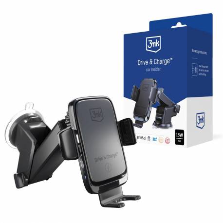 Uchwyt 3Mk Drive & Charge Do Samochodu Na Telefon Na Kratkę / Szybę / Kokpit Z Ładowarką Indukcyjną - Czarny
