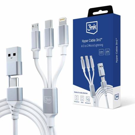Kabel 3Mk Hyper Cable 3W1 Usb-A - Usb-C / Usb-C - Micro Usb - Lightning 1.5M - Biały