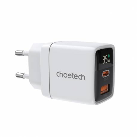 Ładowarka Sieciowa Choetech Pd6052 Usb-C Usb-A Pd 35W Gan Z Wyświetlaczem - Biała