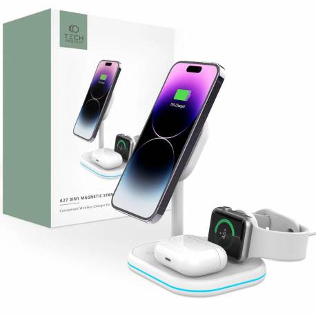 Ładowarka Tech-Protect Qi15W-A27 Indukcyjna 3W1 Ze Stojakiem Z Magsafe Na Smartfon / Apple Watch / Airpods - Biała