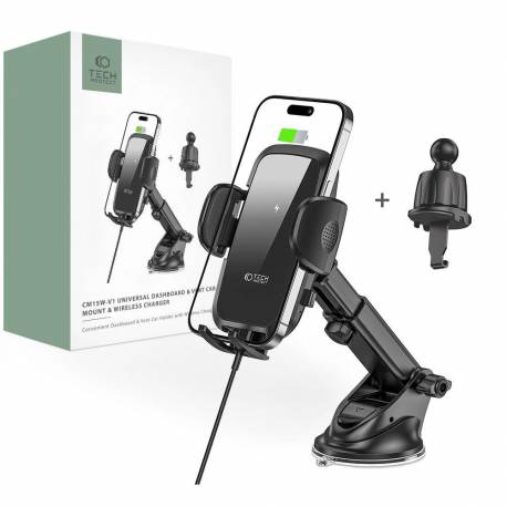 Uchwyt Tech-Protect Cm15W-V1 Samochodowy Na Telefon Z Ładowarką Indukcyjną 15W Na Kokpit / Kratkę Nawiewu - Czarny