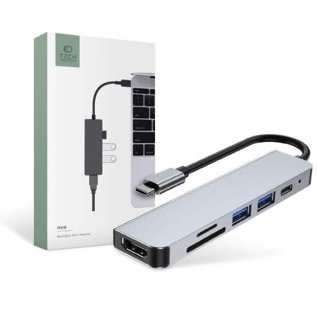 Hub Tech-Protect V4 6W1 Usb-C - Usb-A 3.0 / Usb-A 2.0 / Usb-C / Hdmi / Czytnik Kart Micro Sd / Tf / Sd - Szary
