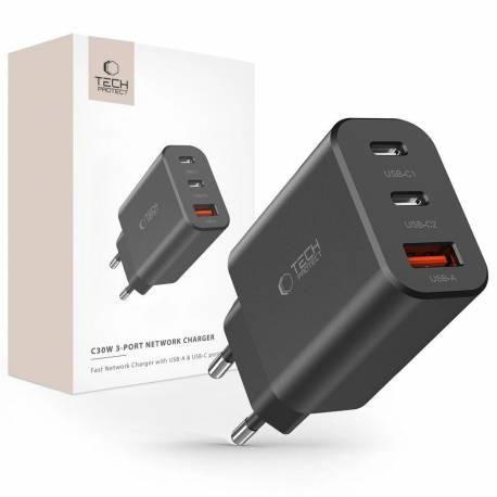 Ładowarka Tech-Protect Nc30W Sieciowa 2X Usb-C Pd 30W / Usb-A Qc 3.0 - Czarna