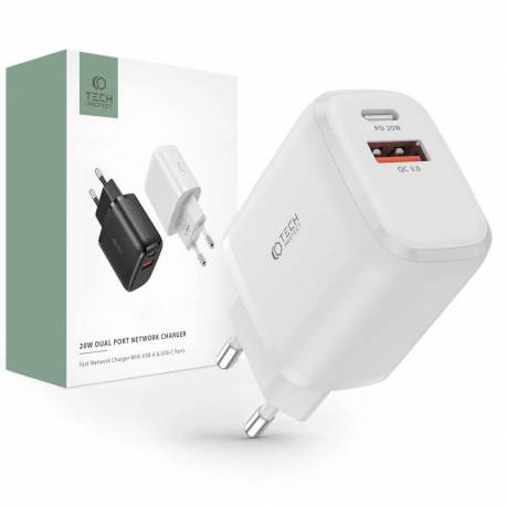 Ładowarka Tech-Protect C20W Sieciowa Usb-C Pd 20W / Usb-A Qc 3.0 - Biała