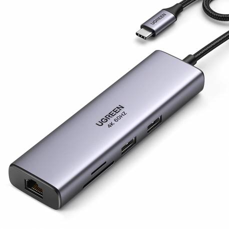 Adapter Ugreen Cm512 90568 Usb-C - 2X Usb-A 3.0 / Hdmi / Rj45 / Czytnik Kart Sd I Tf / Usb-C Pd 100W - Szary