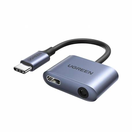 Ugreen Adapter Audio Przejściówka Usb Typ C (Męski) - Usb Typ C Pd Qc (Żeński) + Mini Jack 3,5Mm (Żeński) Szary (Cm231)