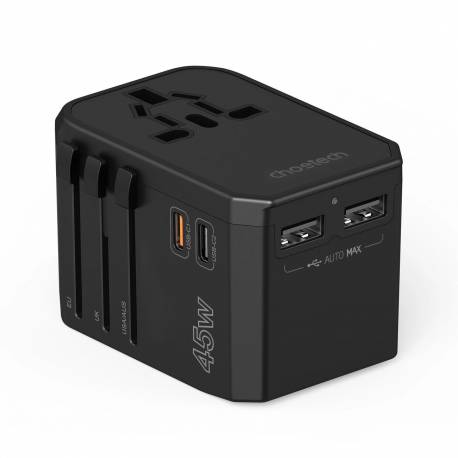 Ładowarka Podróżna Gan Choetech Pd6045 Usb-C Usb-A 45W Z Wtyczkami Usa Eu Uk Au - Czarna