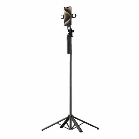 Selfie Stick Wh181D-Y1S Teleskopowy Statyw 1.75M Ze Stopu Aluminium Z Podwójną Lampą I Uchwytem Na Telefon - Czarny