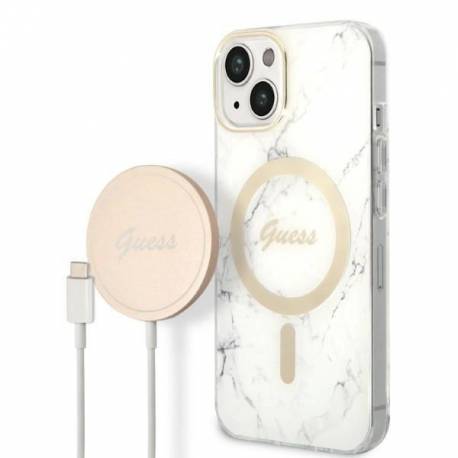 Zestaw Guess Gubpp14Shmeacsh Case+ Charger Iphone 14 6,1" Biały/white Hard Case Marble Magsafe