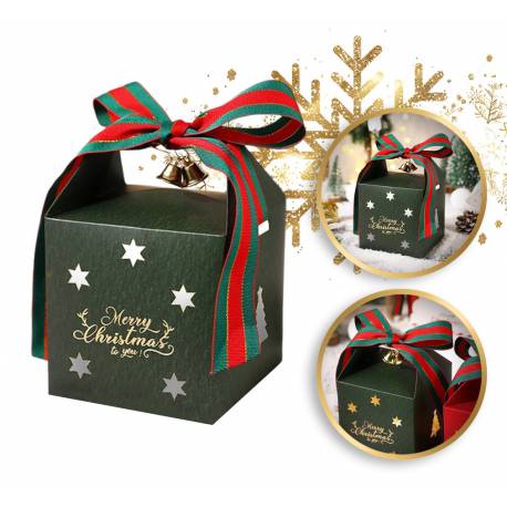 Pudełko Prezentowe Ozdobne Zielone, Merry Christmas Z Kokardą 10X10X10 Cm Opo40