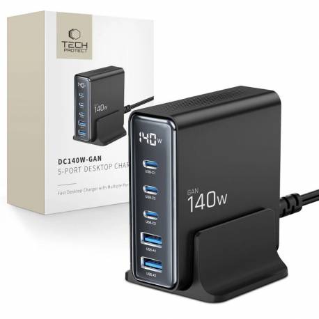 Stacja Ładująca Tech-Protect Dc140W-Gan 5-Port Pd140W/qc3.0 - Czarna