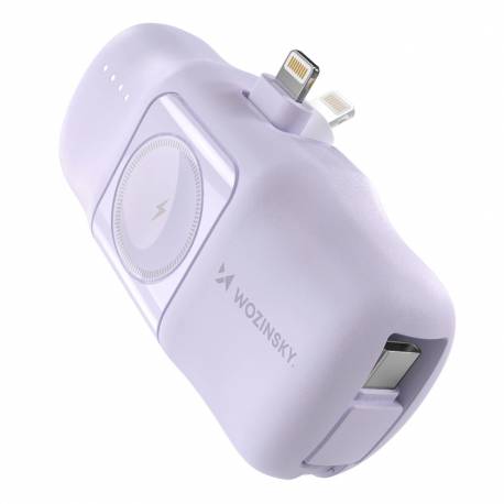 Mini Powerbank Wozinsky Wf16-Yls 5000Mah 15W Lightning Z Wbudowanym Kablem Usb-C I Ładowarką Do Apple Watch - Fioletowy