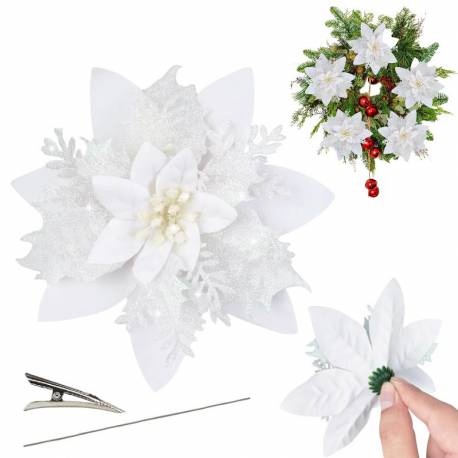 Kwiat Na Choinkę Z Klipsem Boże Narodzenie Xxl 14 Cm Brokat Biały Woz04B