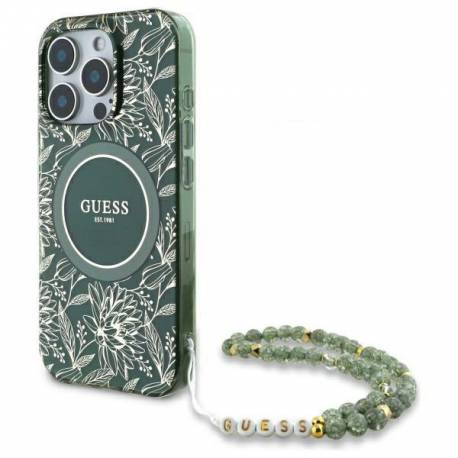 Etui Guess Iml Flowers Allover Electro With Pearl Strap Magsafe Na Iphone 16 Pro Max - Zielone