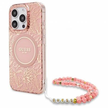 Etui Guess Iml Flowers Allover Electro With Pearl Strap Magsafe Na Iphone 16 Pro Max - Różowe