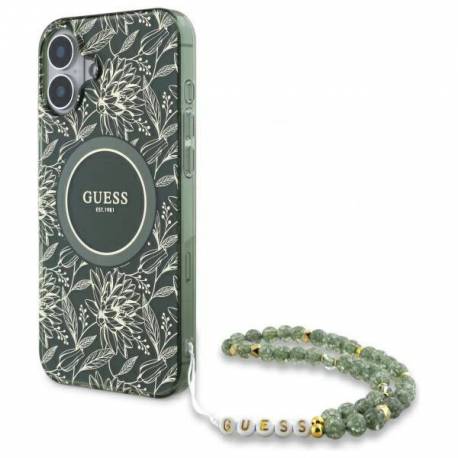 Etui Guess Iml Flowers Allover Electro With Pearl Strap Magsafe Na Iphone 16 - Zielone