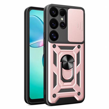 Etui Pancerne Hybrid Armor Camshield Z Osłoną Aparatu I Metalowym Ringiem Do Samsung Galaxy S25 Ultra - Różowe