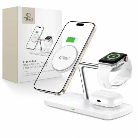 Ładowarka Bezprzewodowa Tech-Protect Qi15W-A45 3W1 Z Magsafe Do Urządzeń Apple - Biała