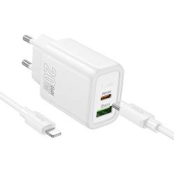 Hoco Ładowarka Sieciowa Usb A + Typ C + Kabel Typ C Do Lightning Pd Qc3.0 3A 20W N61 Biała
