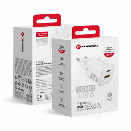 Forcell F-Energy Mini Gan Iii Vt-35C Ładowarka Sieciowa 1 X Typ C + 1 X Usb A Pd Qc4.0 35W Biała