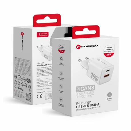 Forcell F-Energy Mini Gan Iii Vt-25B Ładowarka Sieciowa 1 X Typ C + 1 X Usb A Pd Qc4.0 25W Biała