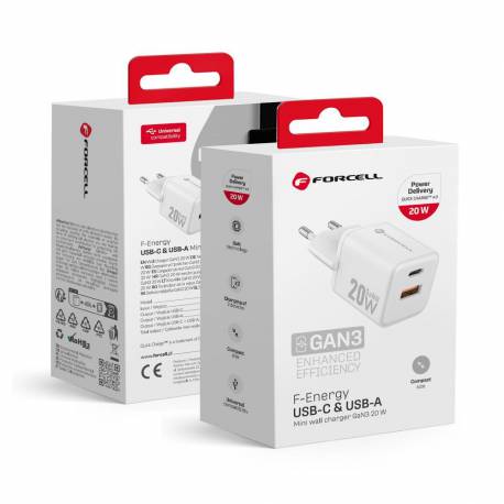 Forcell F-Energy Mini Gan Iii Vt-35A Ładowarka Sieciowa 1 X Typ C + 1 X Usb A Pd Qc4.0 20W Biała