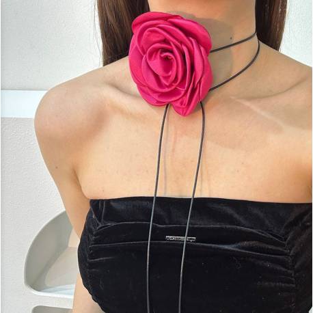 Naszyjnik Choker Xl Ozdobny Kwiat Na Szyję Róża Na Rzemyku Elegancki Fuksja N761F