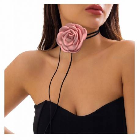 Naszyjnik Choker Xl Ozdobny Kwiat Na Szyję Róża Na Rzemyku Elegancka Pudrowa N761R