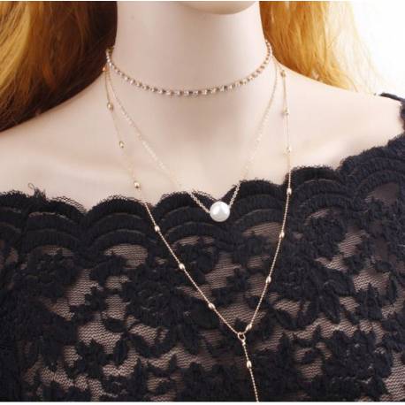 Naszyjnik Choker Trzyczęściowy Z Perełką I Kryształkami N546