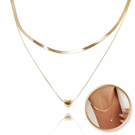 Podwójny Naszyjnik Żmijka, Serce Stal Chirurgiczna Pozłacana 14K Gold Nst2137