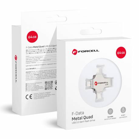 Pendrive 64Gb Usb 3.2 Gen 1 (Usb A / Usb C / Lightning / Micro Usb) Forcell F-Data Metal Quad Srebrny