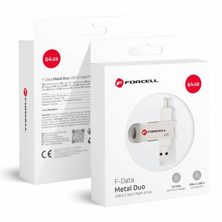 Pendrive 64Gb Usb 3.2 Gen 1 (Usb A / Usb C) Forcell F-Data Metal Duo Srebrny