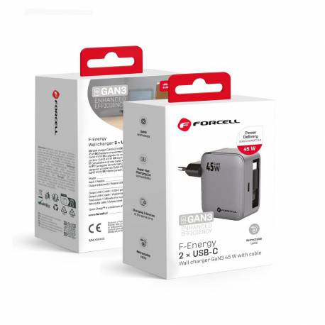 Ładowarka Sieciowa Do Telefonu Forcell F-Energy Gan Usb C + Zwijany Kabel Usb C Pd Qc4.0 3A 45W Vt-R5 Szara