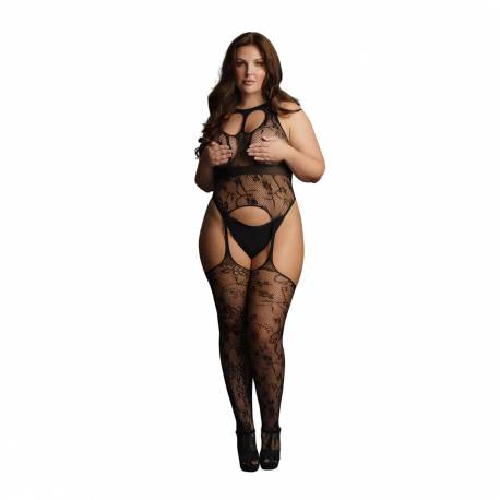 Lace Suspender Bodystocking With Round Neck - Plus Size