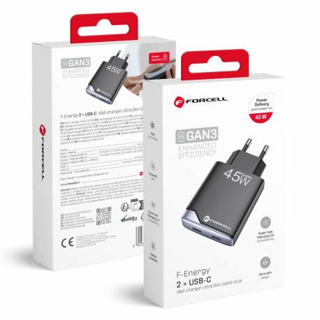 Forcell F-Energy Gan Iii B245201(2C) Ultra Slim Ładowarka Sieciowa 2 X Typ C Pd Qc4.0 3A 45W Czarna